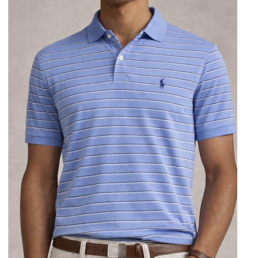 Ralph Lauren Golf Polo Shirt Blue Striped Pima Cotton Size L Classic Fit